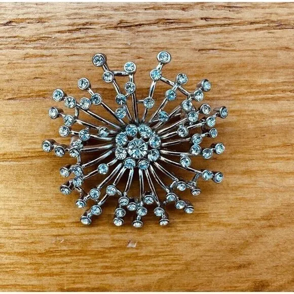 Vintage Starburst Atomic Rhinestone Brooch Pendant 3D Silver Tone‎ Center Flower - Image 7