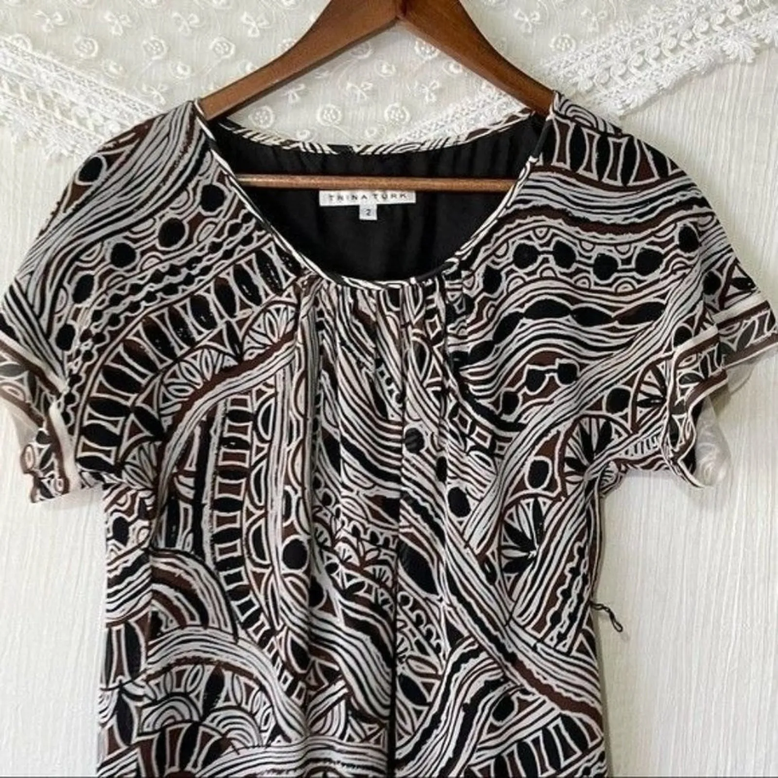 Trina Turk Silk Chiffon Lined Dress Scoop Neck Aztec Print Brown/Black 2 - Image 3