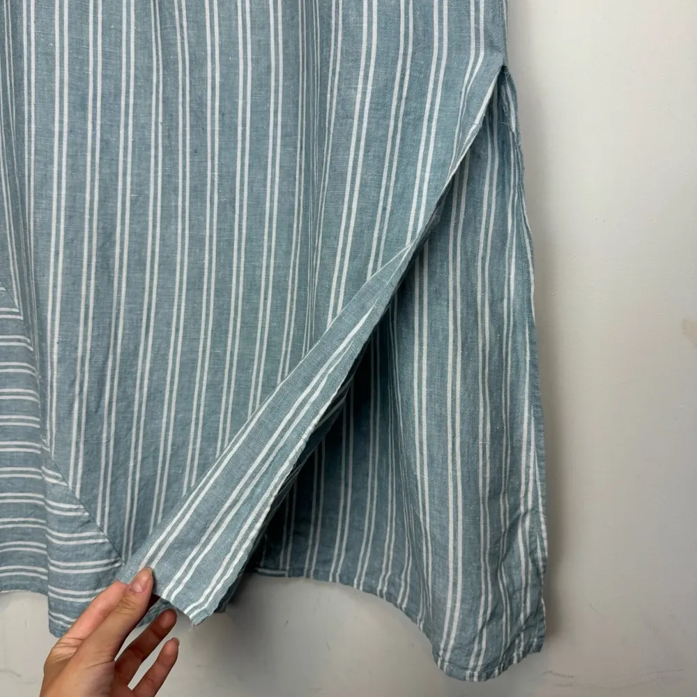 J. Jill Love Linen Midi Maxi Dress Sz Large Tall Blue White Stripe Slit Hem - Image 10