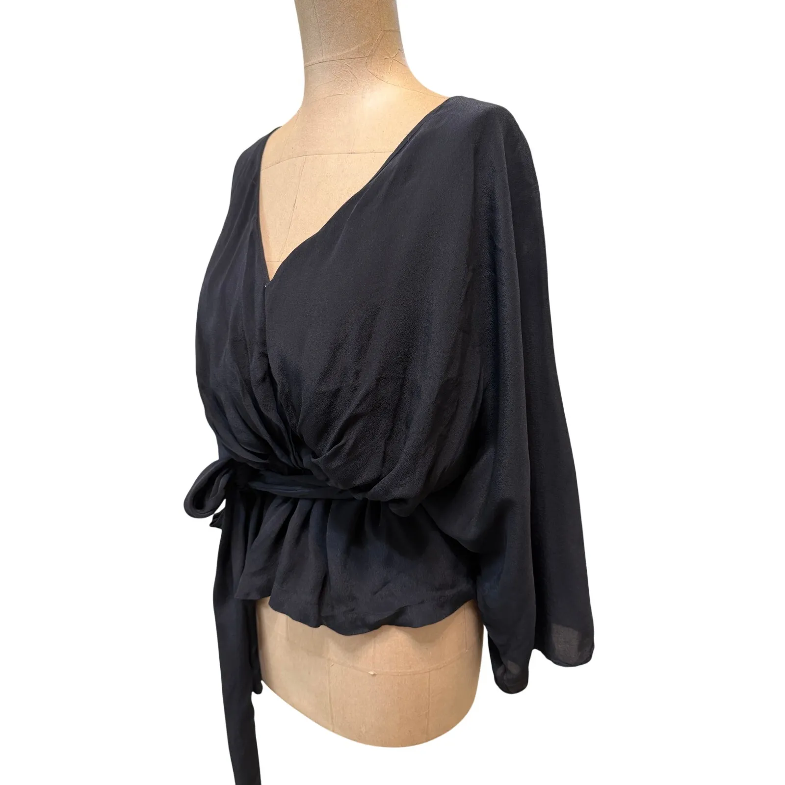 The Kooples Modern Kimono Top Black Silk Blend V Neck Tie Waist size Small (1) - Image 4