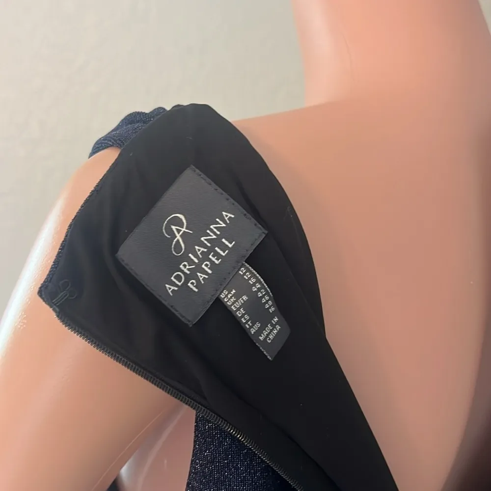 Adrianna Papell Crushed blue METALLIC JERSEY SHEATH Side Ruched DRESS Sz 12 #185 - Image 9