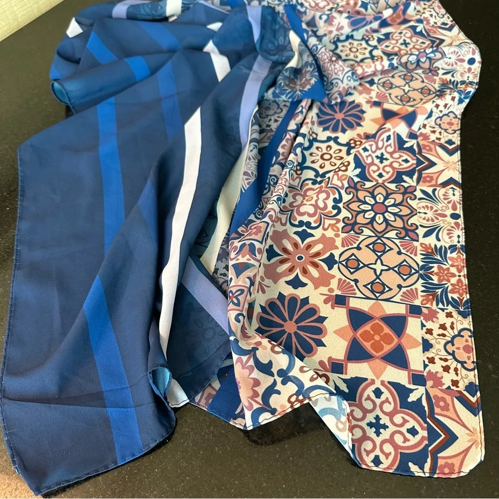 Blue White Long Rectangular Sarong Shawl Blanket Scarf Wrap 27 x 64 Inches - Image 5