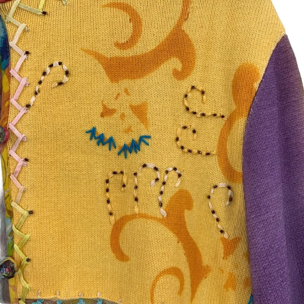 Sandy Starkman Multicolor Floral Patchwork Cotton Cardigan Sweater Size Large Pink - Image 6