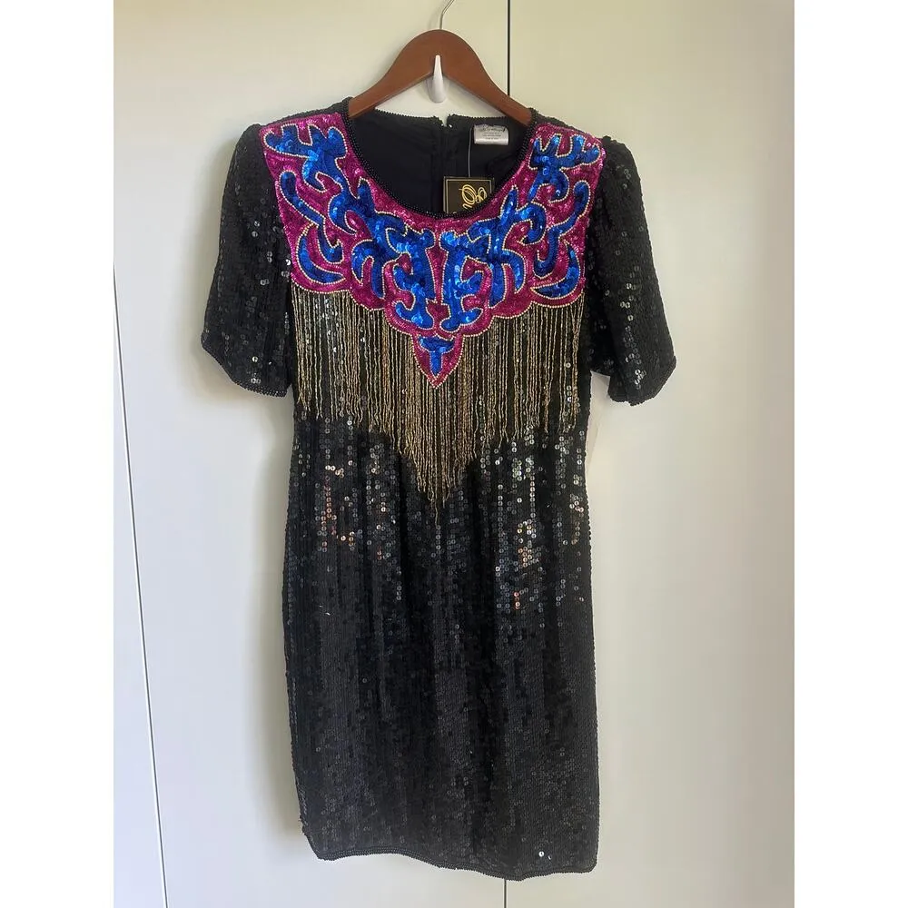 Vintage Sequin Party Dress Size Medium Embellished Fancy Formal Era 80s Silk Black - Image 2