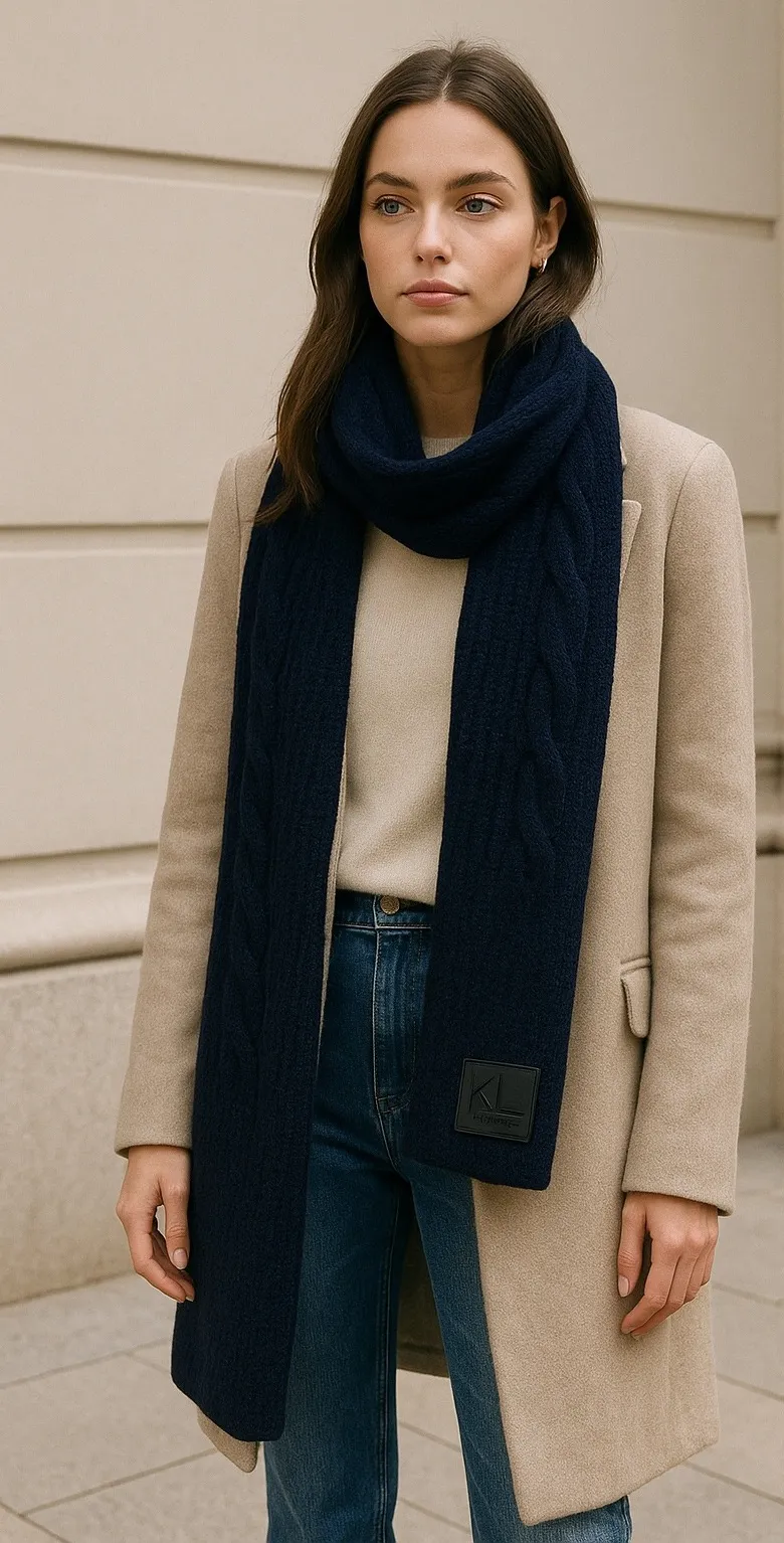 Karl Lagerfeld Paris Wool Knit Scarf – Navy | Quiet Luxury Winter Essential - Image 1