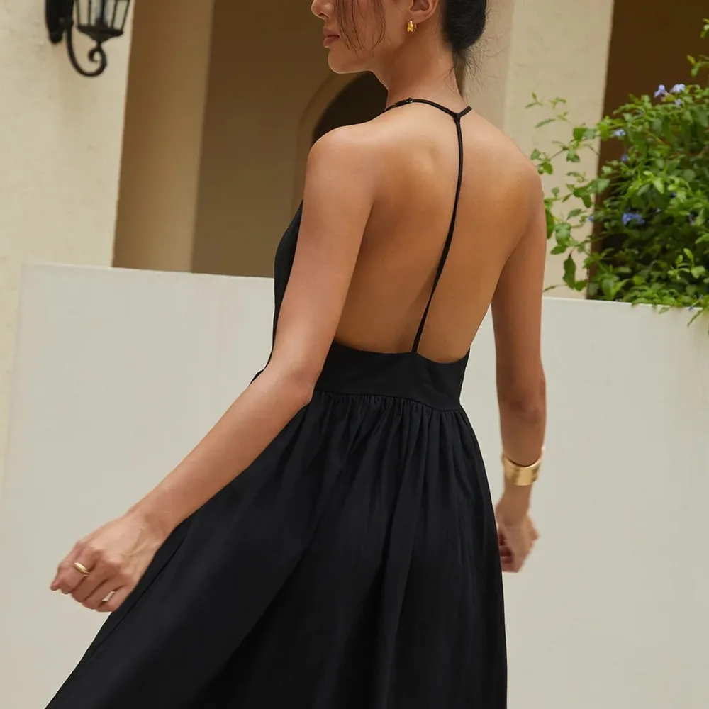 Solid Halter Long Dress Black Size L - Image 3