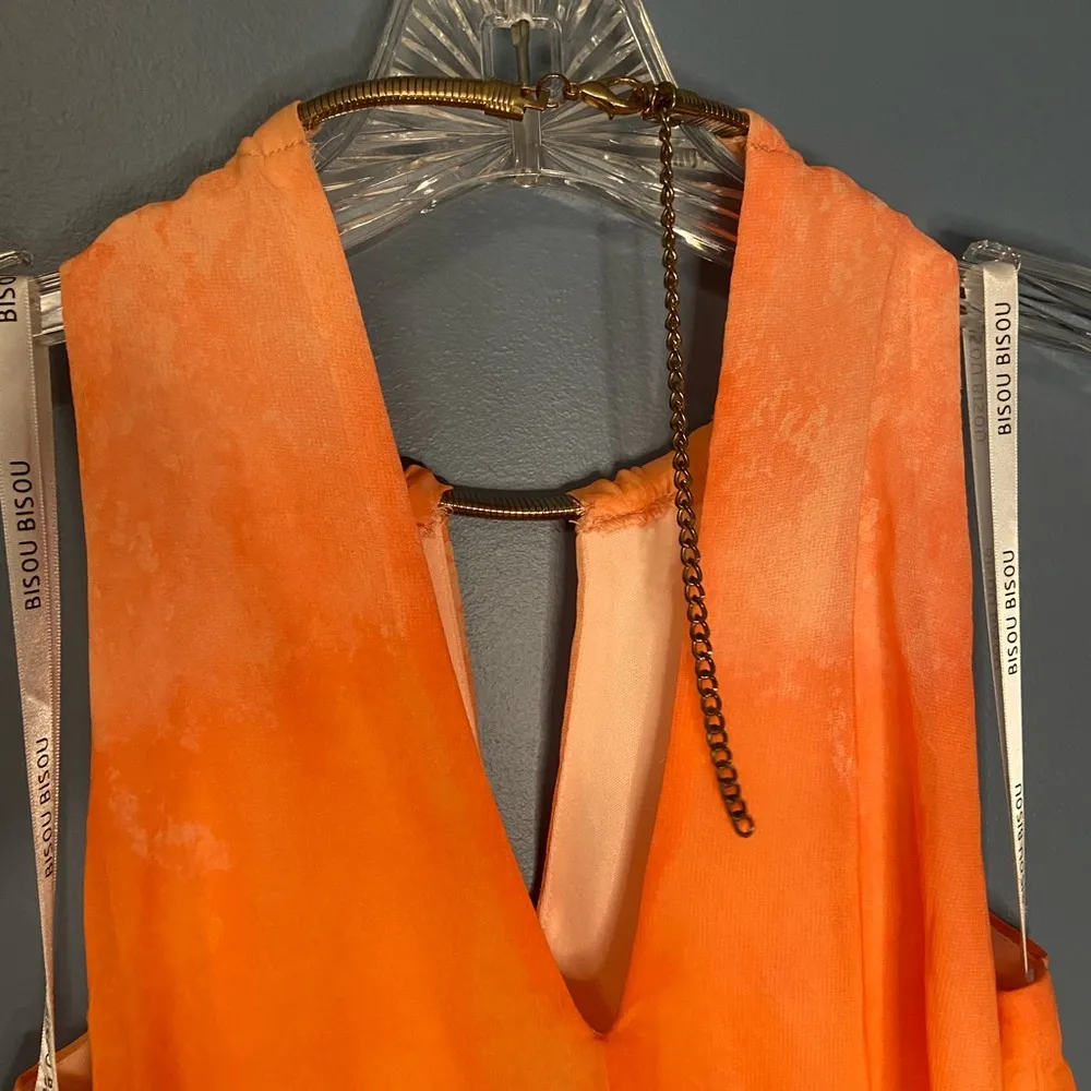 BISOU BISOU MICHELE BOHBOT HALTER KEYHOLE NECKLINE ORANGE FLORAL MAXI DRESS sz 4 - Image 4