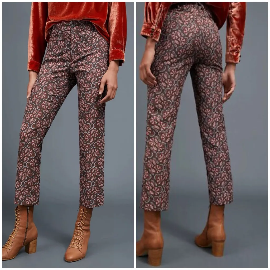 NWT Anthropologie The Essential Slim Straight Trousers  Brown Brocade Print sz 6 - Image 3