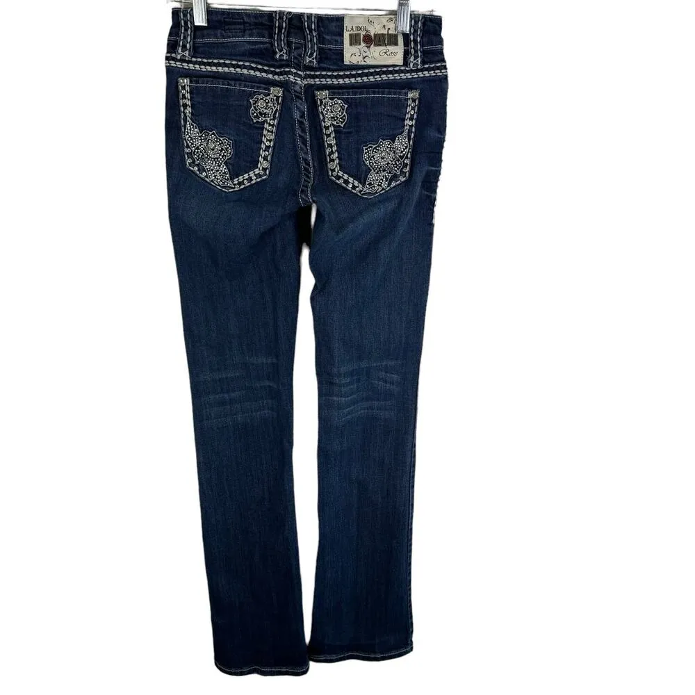 L.A. Idol USA Medium Wash Low Rise Embellished Studded Straight Leg Jeans Size 3 Blue - Image 2