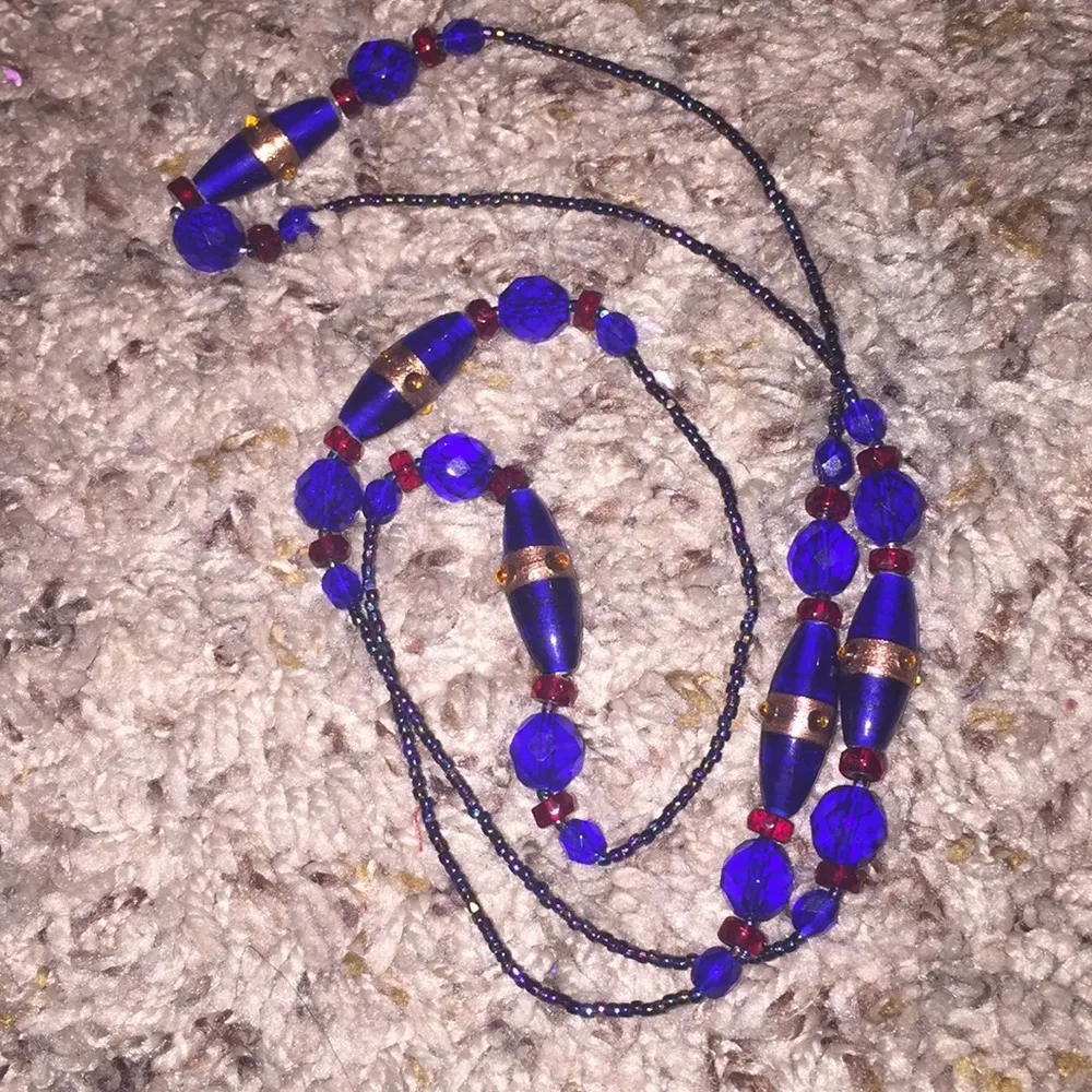 Blue Red & Gold Glass Flapper Bead Necklace - Image 5