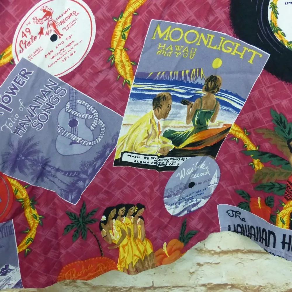 Reyn Spooner Y2K Hawaiian Novelty Printed Dress Womens L Red Rayon Records Aloha Size L - Image 8