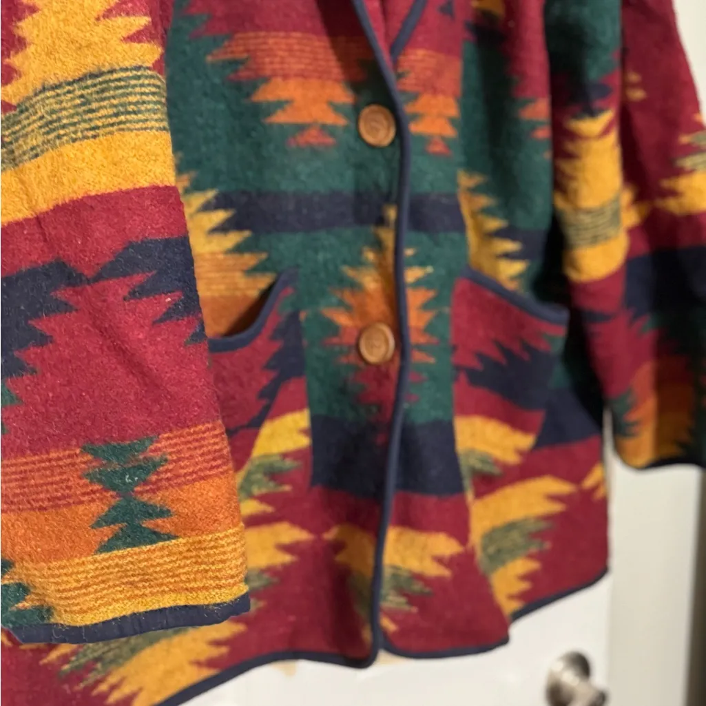 Vintage New Identity Aztec Southwestern Wool Blend 2 Wooden Buttons Jacket Sz XL Green - Image 3