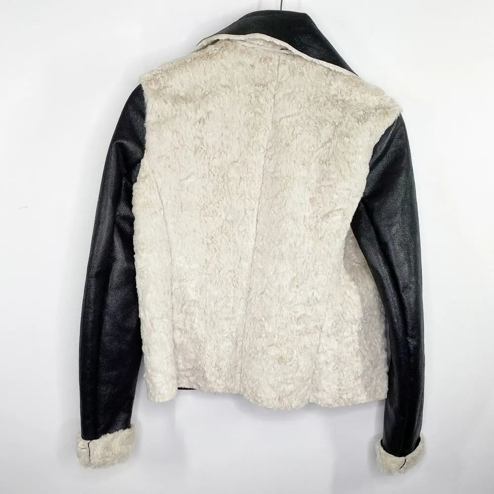 FC Jeans Women Faux Fur Lined Moto Jacket Black Cream Sz 6 Sherpa Vegan Leather - Image 2