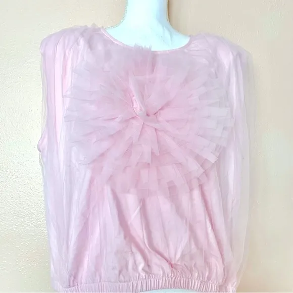 Express Light Pink Sleeveless Tulle Top with Floral Rosette Detail. - Image 2