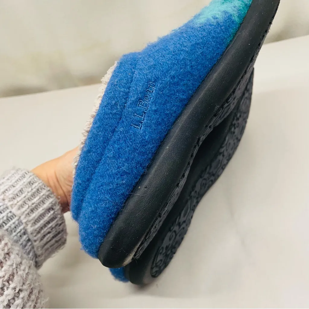 L.L.Bean Daybreak Scuffs Motif Wool Slippers Blue Ombre Trees Women’s 8 - Image 7