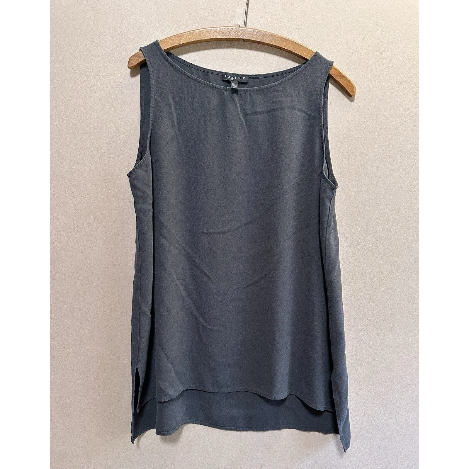 Eileen‎ Fisher 100% Silk Gray Georgette Crepe Ballet Neck Long Tank Petite Large - Image 3