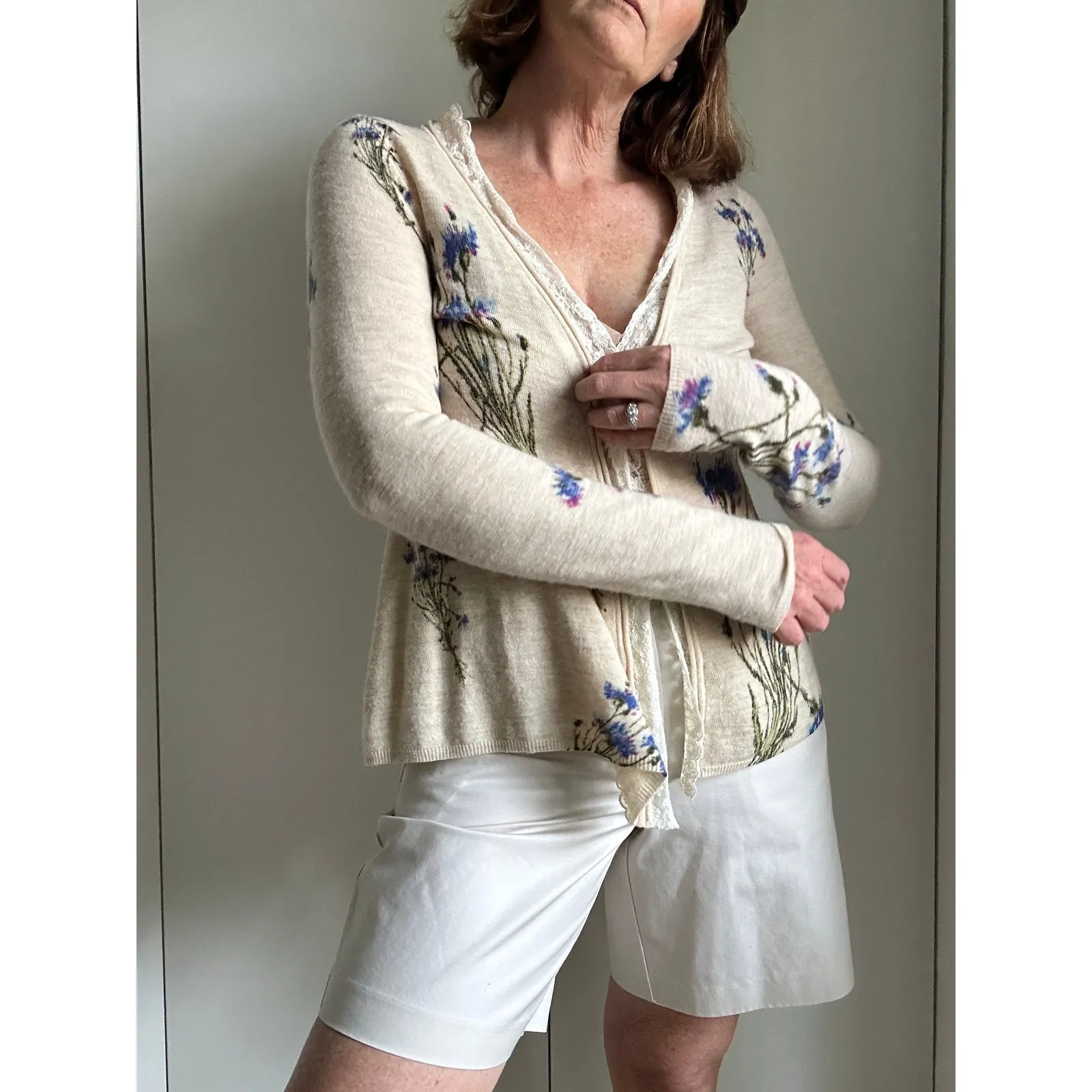 Knitted & Knotted Anthro Wool Cardigan Sweater Size Sm Open Neutral Floral Blue - Image 8