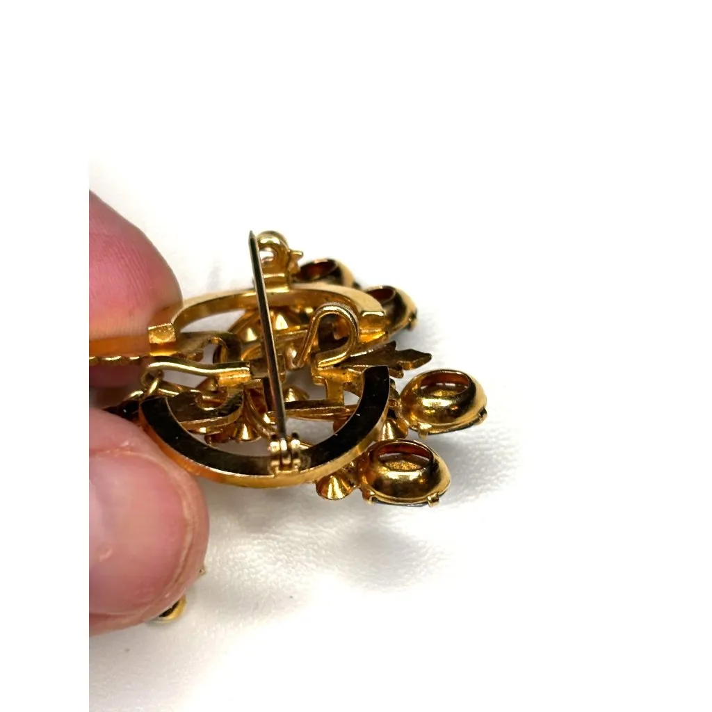 Vintage Gold Tone Rhinestone Brooch With Blue & Clear Stones - Image 5