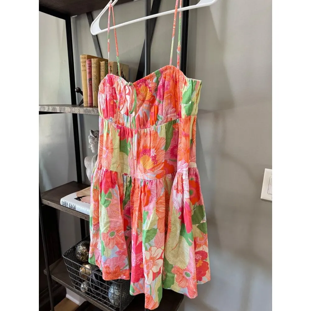 Amur Eriel Linen Blend Mini Dress Stripe Tropical Floral Womens Size 4 Pink - Image 8