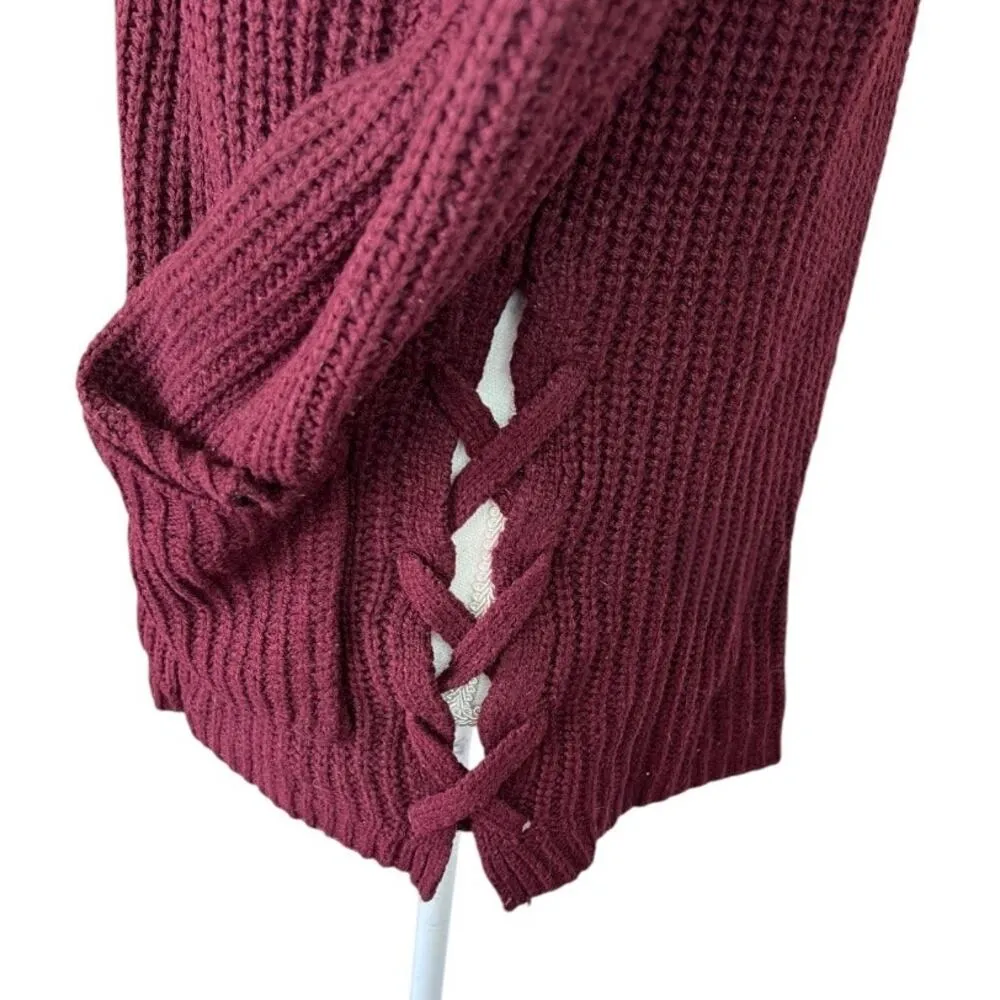 Hooked up burgundy ribbed knit open front cardigan lace up sides casual cozy Red - Image 4