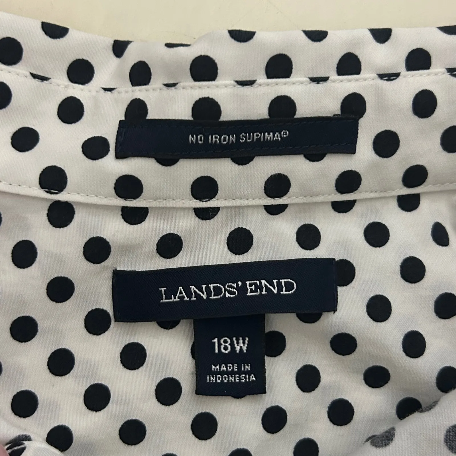Lands End Plus 18W White Black Polka Dot No Iron Supima Cotton Button Up Shirt - Image 3