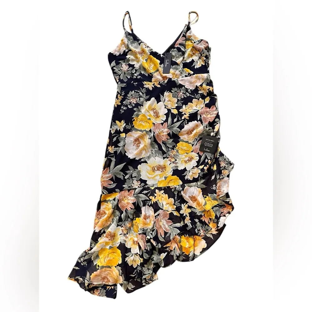 Lulus Flowering Beauty Navy Blue Floral Print Asymmetrical Midi Dress XL NWT - Image 7