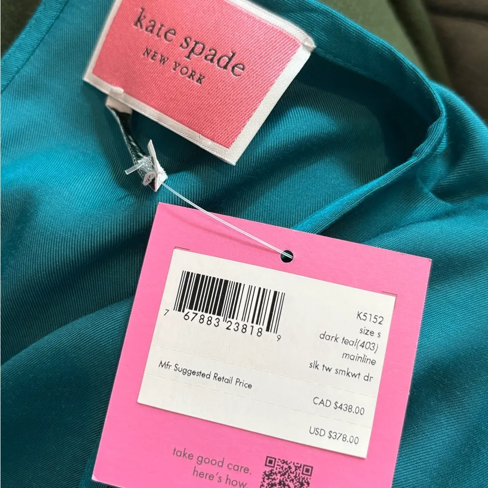 KATE SPADE Silk-blend Twill Smocked-waist Dress In Dark dress size small NWT - Image 3