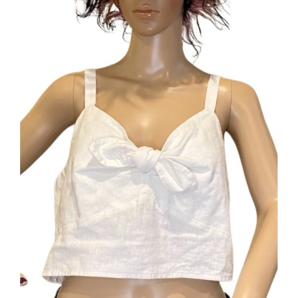 Universal Thread Tie-Front Crop Top Smocked Sleeveless‎ Casual White Linen M - Image 3
