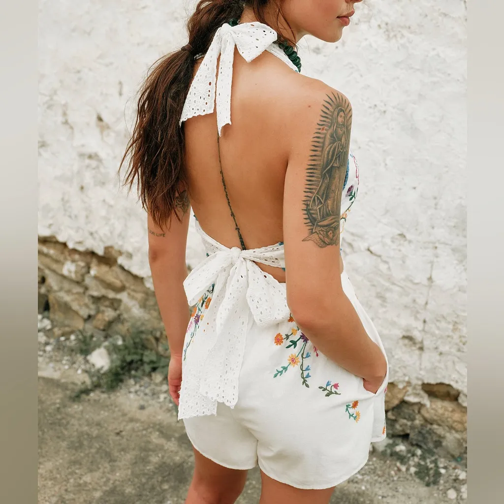 NWT Free People Lucy Mae Shorts and Halter Tank Set in Floral Cream Combo - Image 2