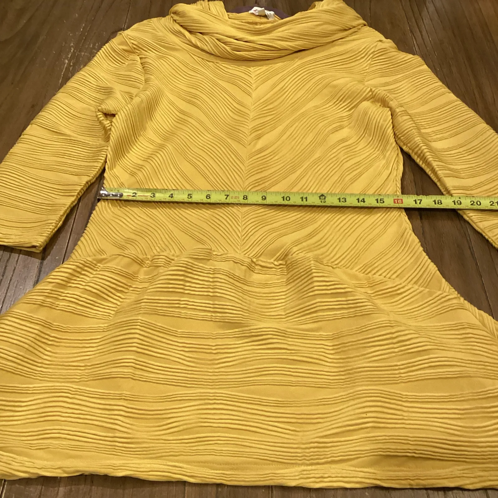 Vintage Lisa Rene cowl neck 3/4 sleeve yellow swirl pattern tunic mini dress L Size L - Image 7