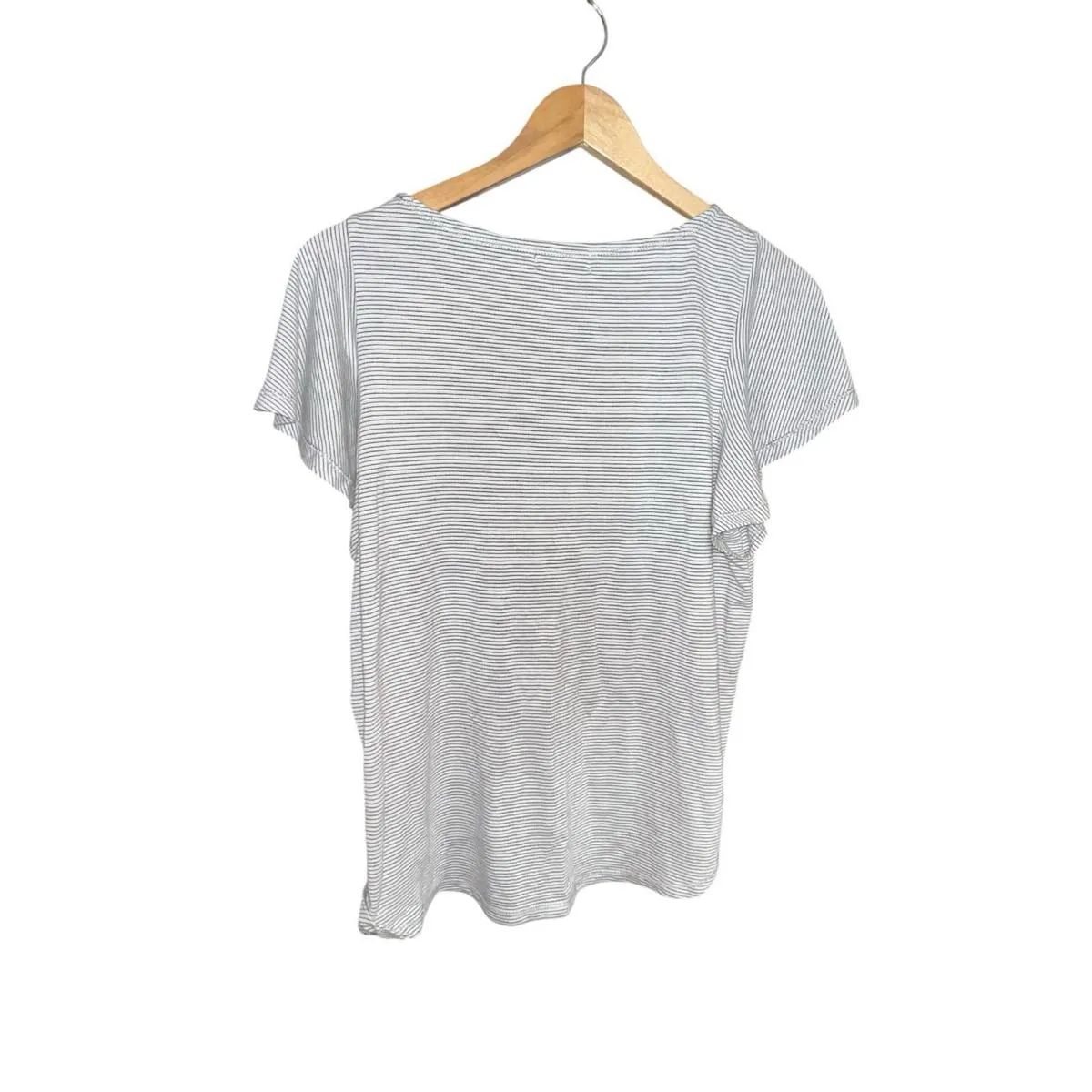 Max Studio Striped Ruffle Sleeve Scoop Neck Stretch Tee Top Gray White Women’s L - Image 2