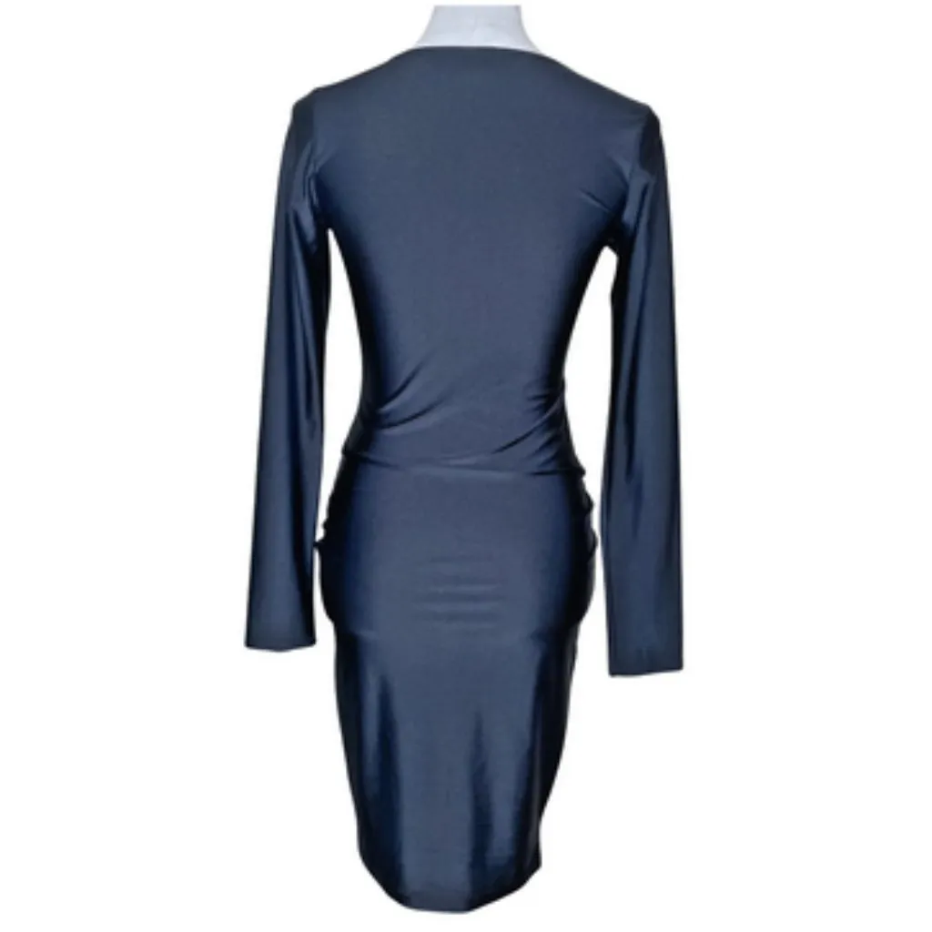 Women's Shiny Smooth Silhouette Round Neck Long Sleeve Mini Dress Small - Image 4