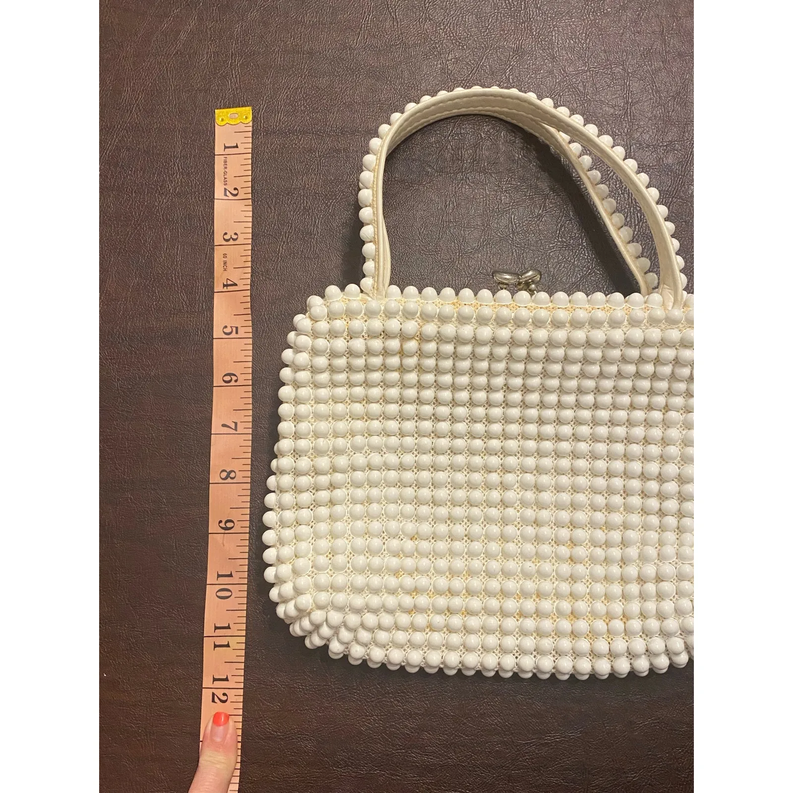 Vintage White Beaded Purse 60s Top Handle Bag Retro‎ Rockabilly Tradwife Pinup - Image 5