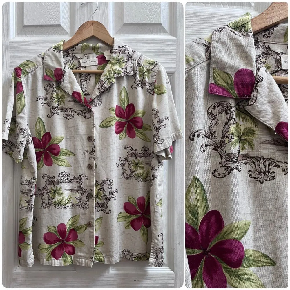 Marsh Landing Hawaiian Tropical Print Boxy Button Up Blouse Size Large - Image 9