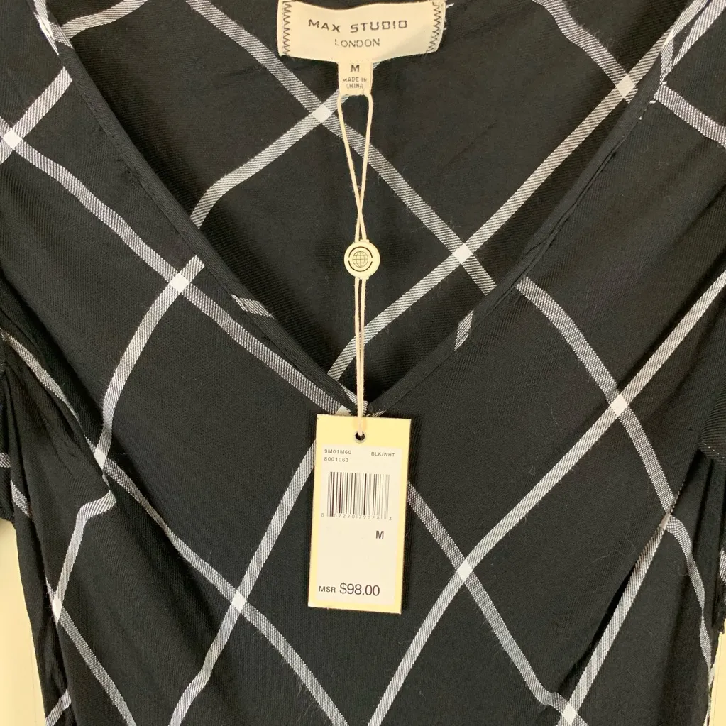 Max Studio Black Windowpane Plaid Handkerchief Hem Dress Size Medium NWT - Image 4