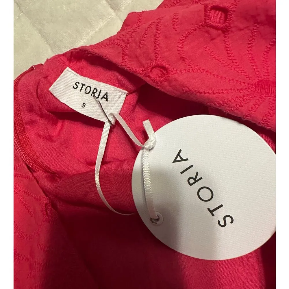 Storia Eyelet Dress Size Small Hot Pink Shift Tie Neck Mini Short Vacation NWT - Image 4