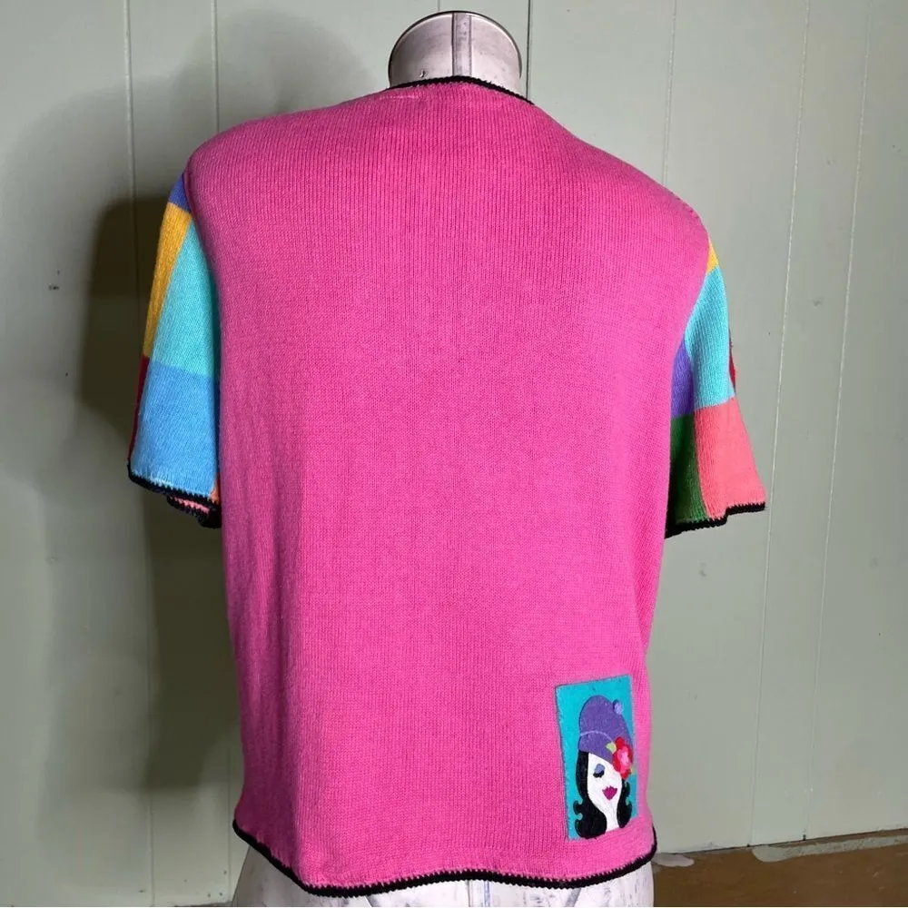 Michael Simon‎ Vintage Embroidered Patchwork 3D faces hats cardigan top size L Pink Size L - Image 4