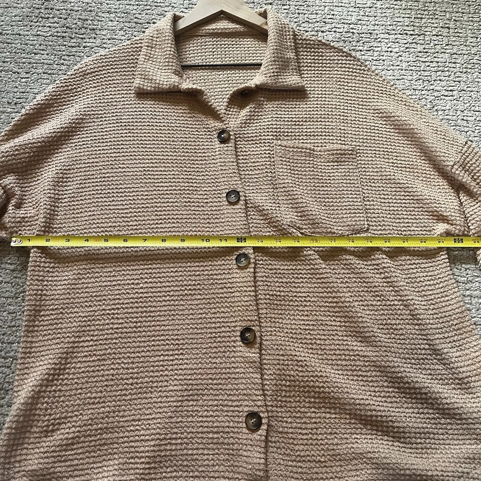 Tan Waffle Knit Button Down Woman's Large Shirt‎ Shacket Long Sleeve Collared Brown - Image 8
