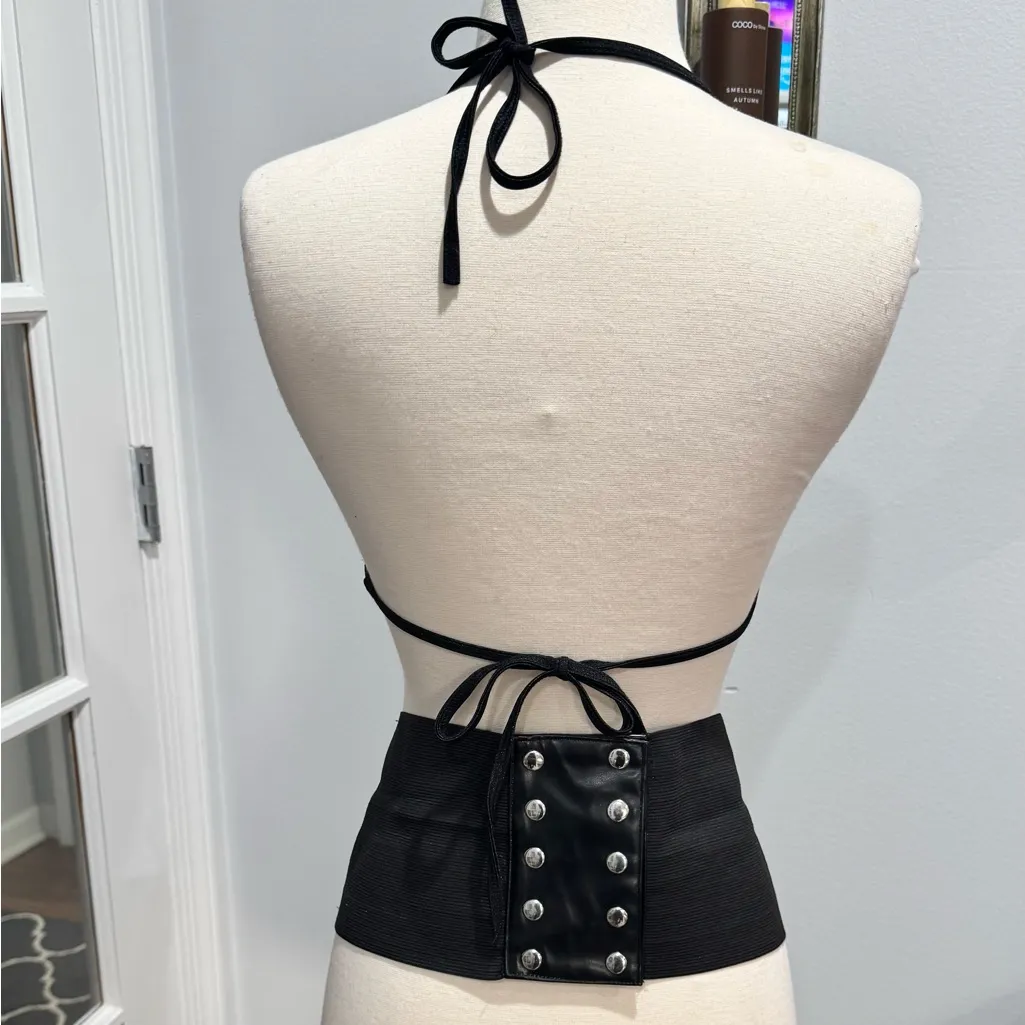 Black Vinyl Halter Bikini Top & Black Faux Leather Lace-up Corset - Image 2