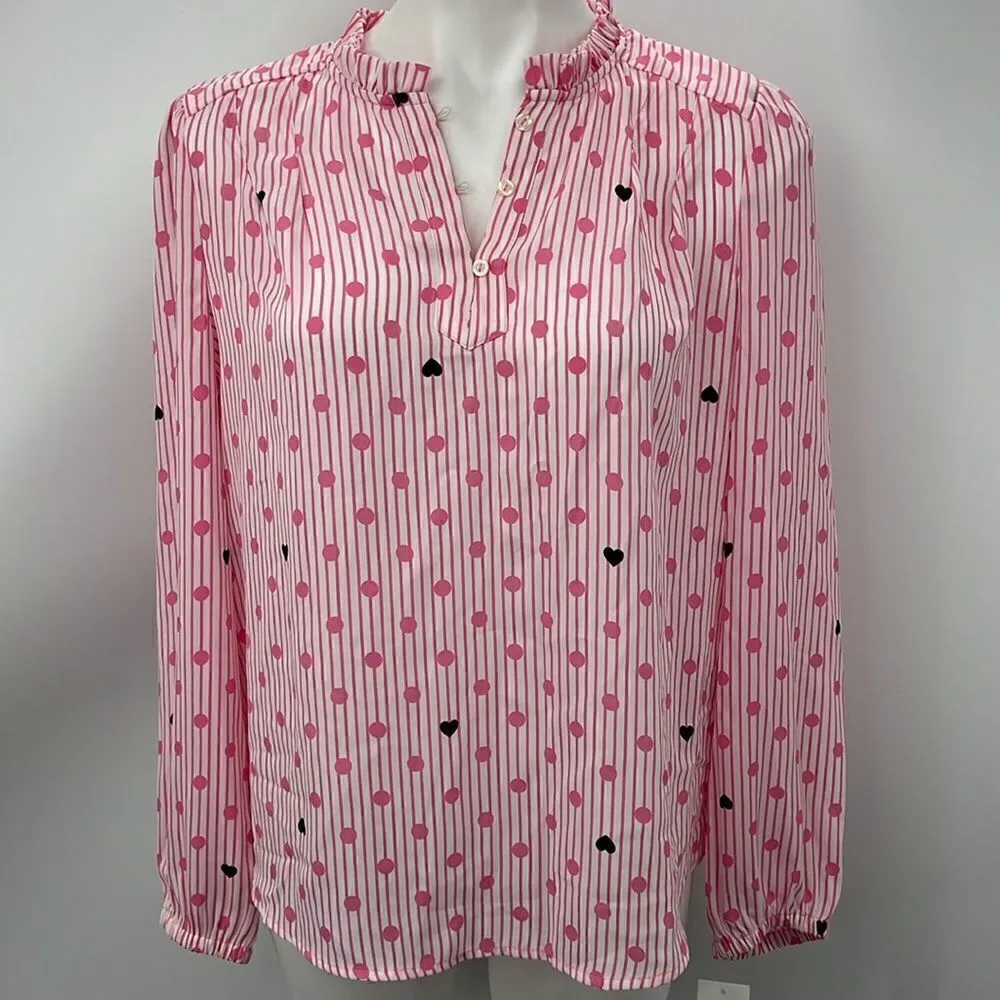 Charter Club pink hearts striped long sleeve top medium - Image 2
