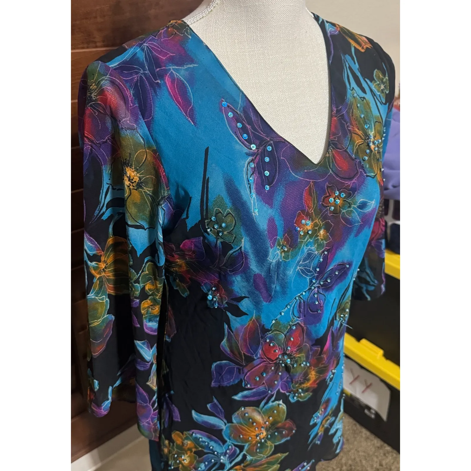 Vtg Y2K Dark Floral Mini Dress sz M Beaded Fairy Romantic chiffon sequins Blue Size M - Image 4