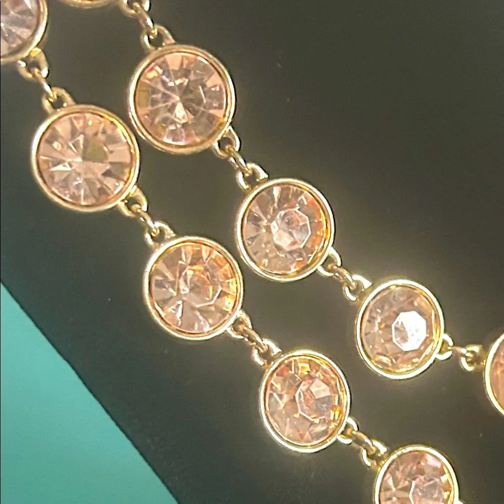 Double Strand Gold and Blush Pink Faceted Bezel Set Crystal Statement Necklace - Image 3