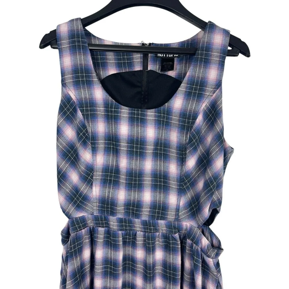 Hot Topic Plaid Pink Blue Gray Sleeveless Side Cut Out Skater Dress M - Image 3