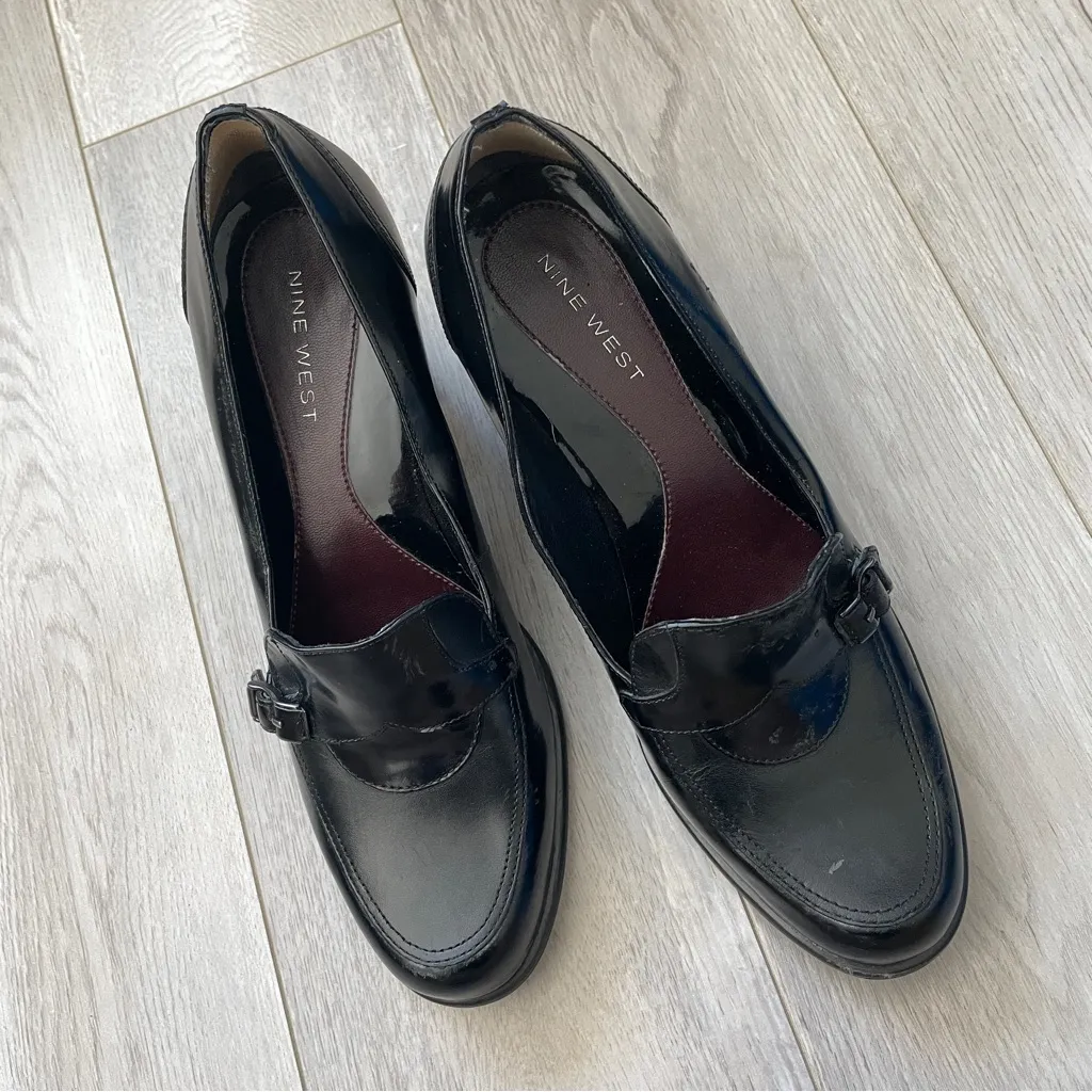 Vintage Heeled Loafers nine west leather womens Black (size 7.5) minimalist - Image 10