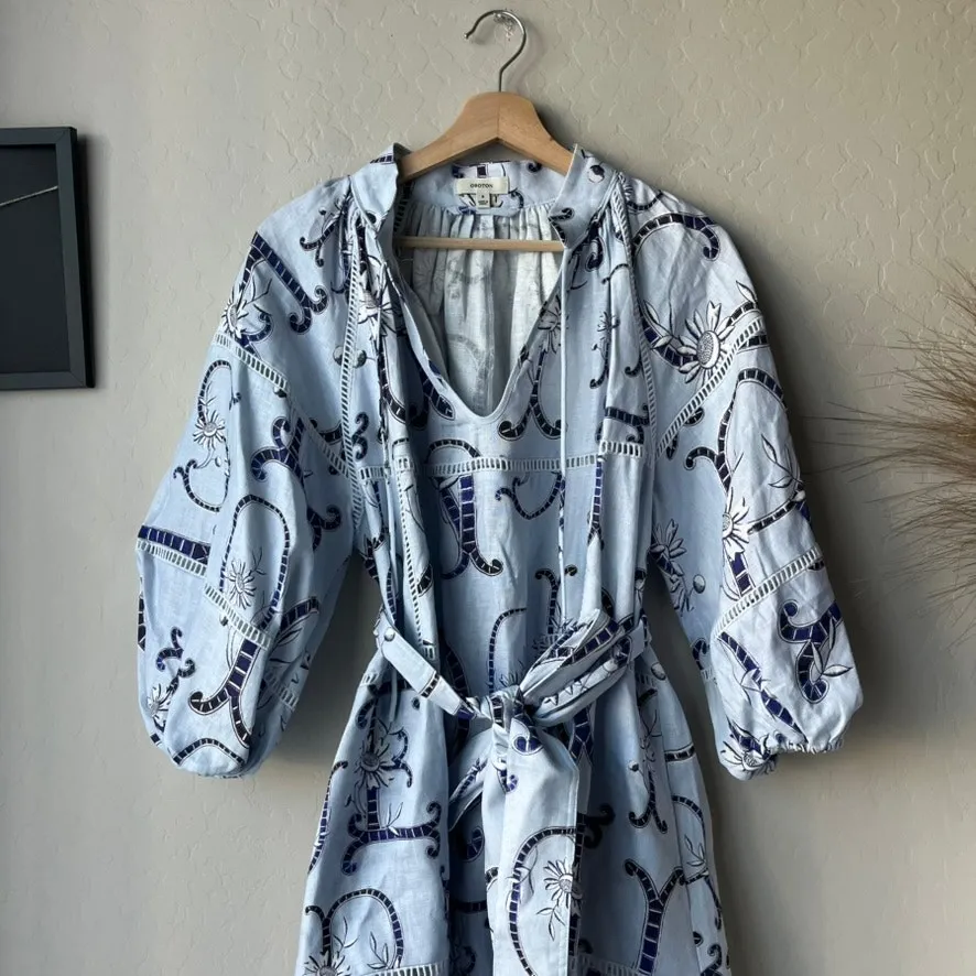 Oroton Dress Linen Lace Flower Smock Blue Floral Print‎ Tie Neck Mini Dress 8 - Image 5