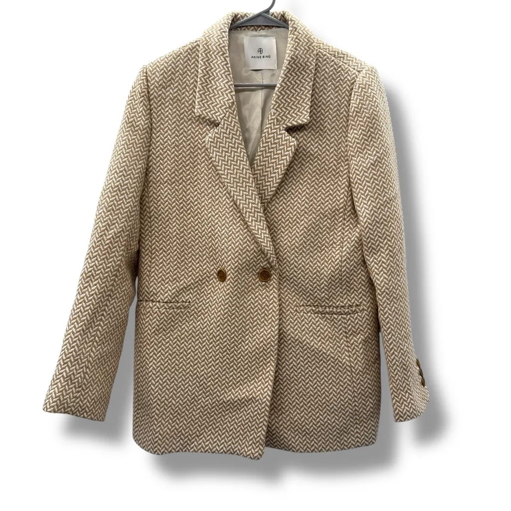 Anine Bing Tweed Herringbone Blazer Women’s Size Medium Tan Cream Double Breast - Image 3