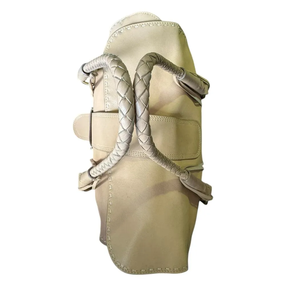 Vintage Frye braided handles tassel Boho leather shoulder bag Apricot color - Image 8