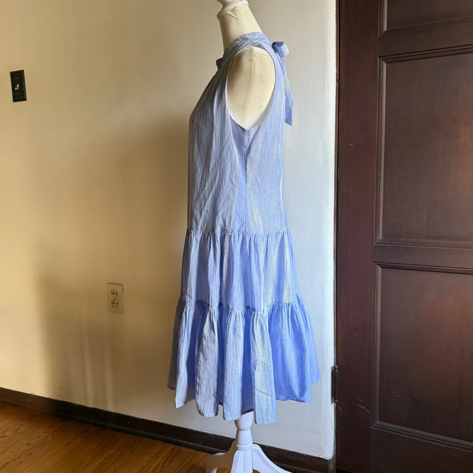 CALVIN KLEIN | Blue and White Cotton Striped Tiered Mock Neck Tie Back Dress | 8 - Image 2