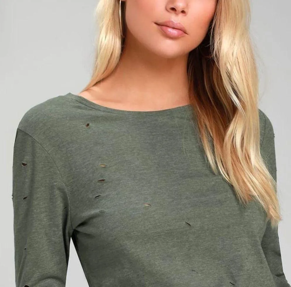 LULU’S CUTTING EDGE OLIVE GREEN DISTRESSED LONG SLEEVE TEE - Image 2