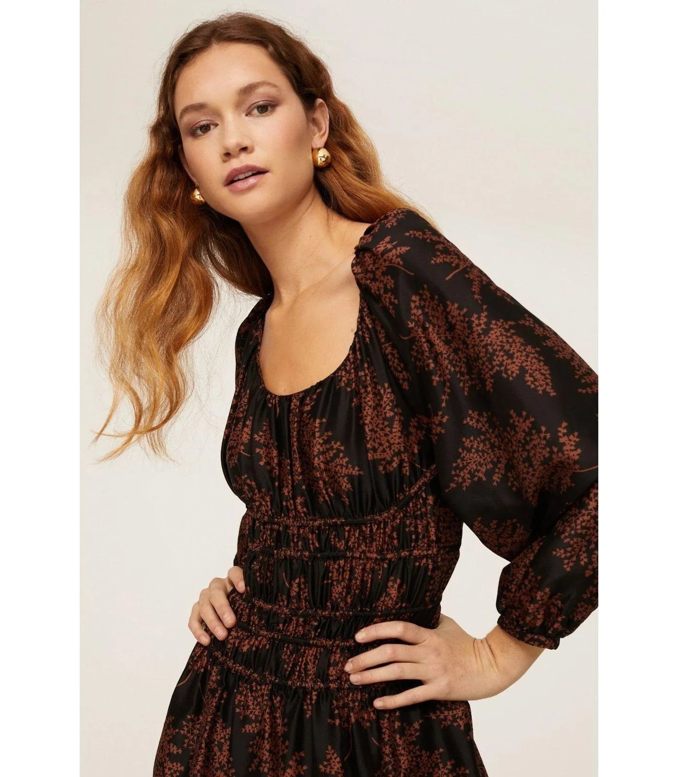 Rebecca Taylor Arden Black Floral Blouson Sleeve Scoop Ruched Silk Midi Dress XS - Image 4